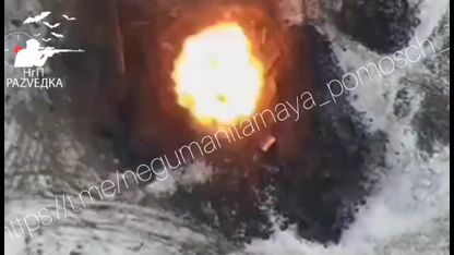 Destruction of the Ukrainian 122-mm D-30 howitzer with the help of the Lancet-3 kamikaze drone, Bakhmut area